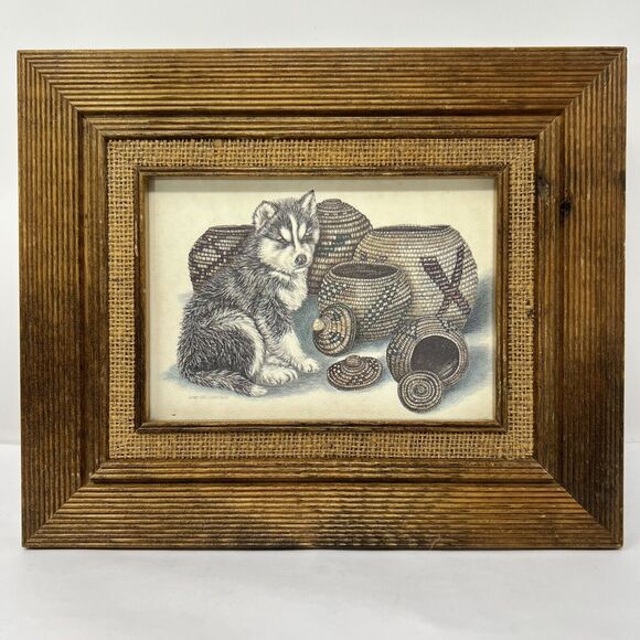 Patti Lindstrand 1983 Pencil Signed Print Husky Puppies Titled Basket Sentinel - Picture 1 of 9